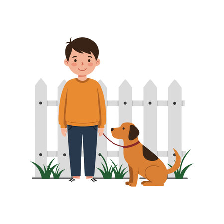 The child stands next to a dog in a friendly pose.のイラスト素材