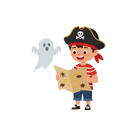 The boy discovers a ghost while looking at a map.のイラスト素材