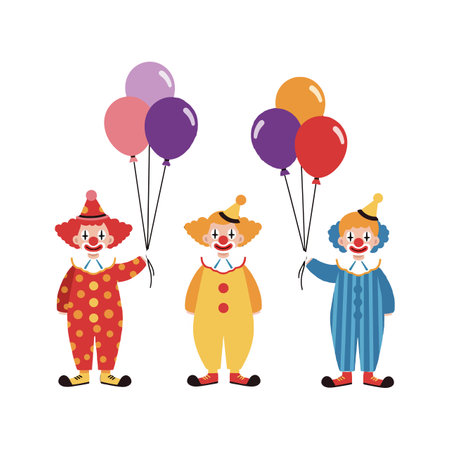 Clowns change positions while holding balloons across frames.のイラスト素材