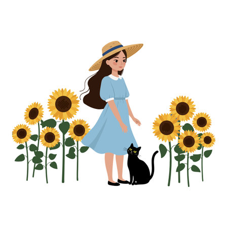 The girl interacts with a black cat in the scene.のイラスト素材
