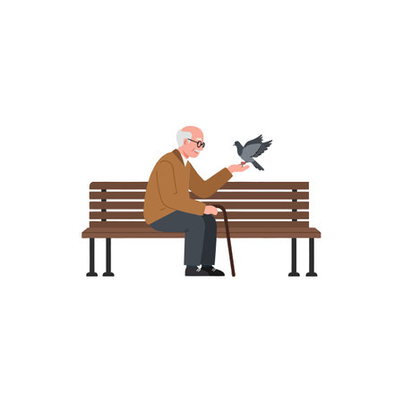 The man interacts with a bird while sitting.のイラスト素材