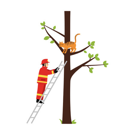 Firefighter climbs ladder to save cat from tree.のイラスト素材