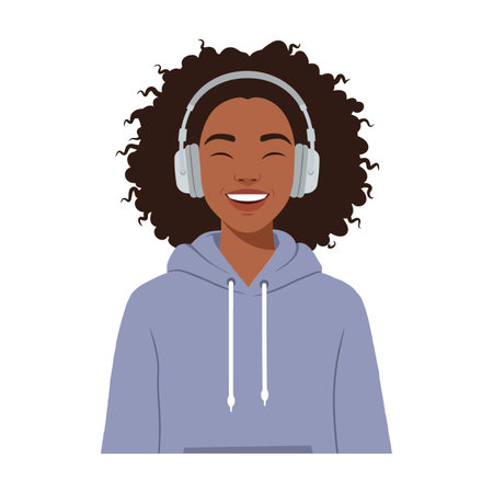 The woman expresses joy while wearing stylish headphones.のイラスト素材