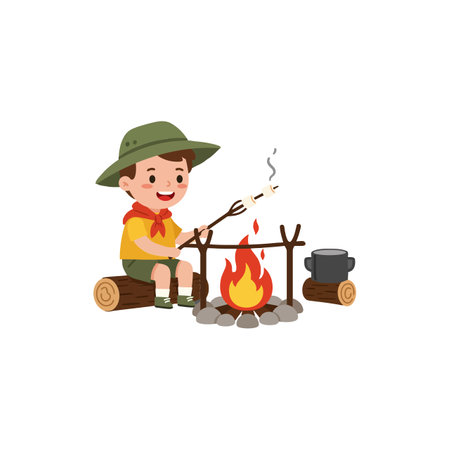 The boy enjoys roasting a marshmallow by the fire.のイラスト素材