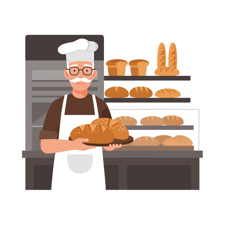 The baker presents a variety of freshly baked bread.のイラスト素材