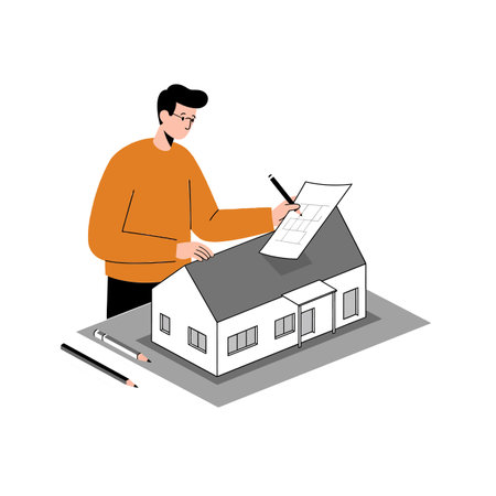 The architect reviews blueprints while adjusting the model.のイラスト素材