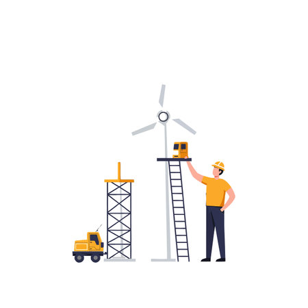 Worker adds components to the wind turbine in second frame.のイラスト素材