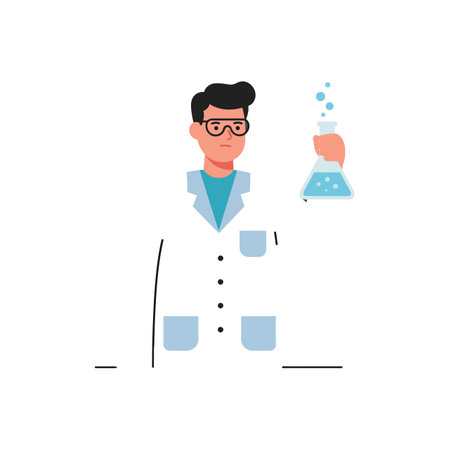 The scientist holds a beaker with bubbling liquid.のイラスト素材