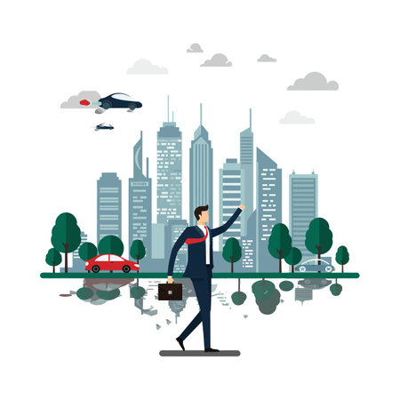 Transition from a busy street to an urban skyline sceneのイラスト素材