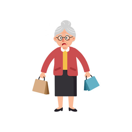 Woman transitions from happy to surprised with bags.のイラスト素材