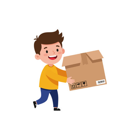 Child transitions from standing to walking with a box.のイラスト素材