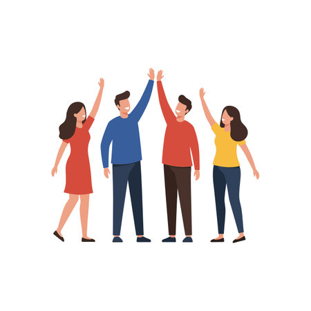 Friends cheerfully raise hands in celebration transition.のイラスト素材