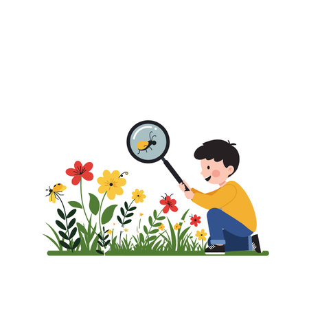 The child discovers an insect while observing colorful flowers.のイラスト素材