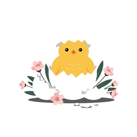 The chick emerges from the egg with flowers blooming.のイラスト素材