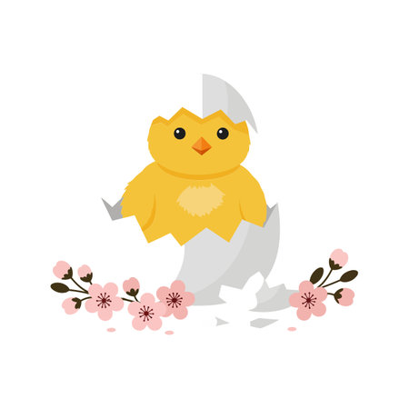 The chick emerges from the eggshell surrounded by blossoms.のイラスト素材