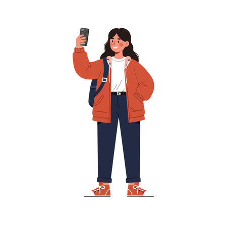 Woman changes pose while taking a selfie with her phone.のイラスト素材