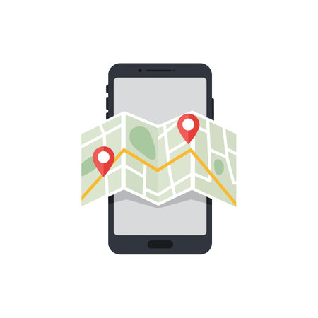 The smartphone shows a map with added location markers.のイラスト素材