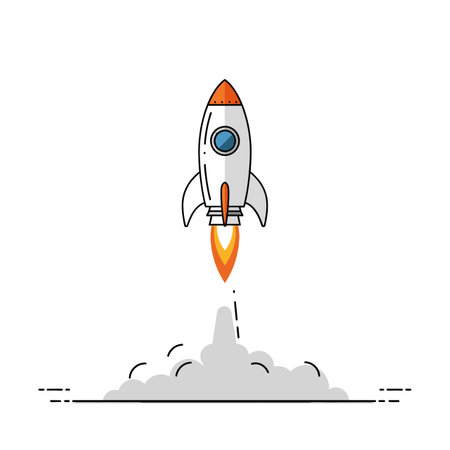 The rocket ascends, leaving smoke and flames behind.のイラスト素材