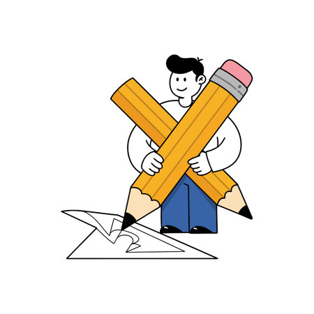 The character transforms from holding one pencil to two.のイラスト素材