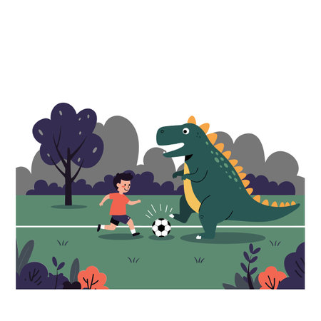 A child kicks a soccer ball toward a dinosaur.のイラスト素材