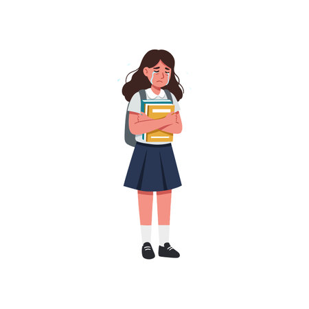 The girl appears upset while holding her books tightly.のイラスト素材
