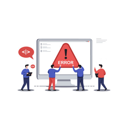 Four individuals engage around a computer showing an error message, emphasizing teamwork and...