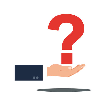 A stylized hand presents a bold red question mark, symbolizing inquiry and curiosity in a clean, minimalistic style.のイラスト素材