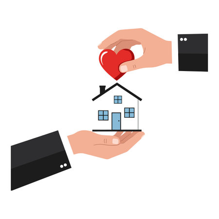 Two hands gently hold a small house while a heart symbol hovers above, representing love and care for ones home.のイラスト素材