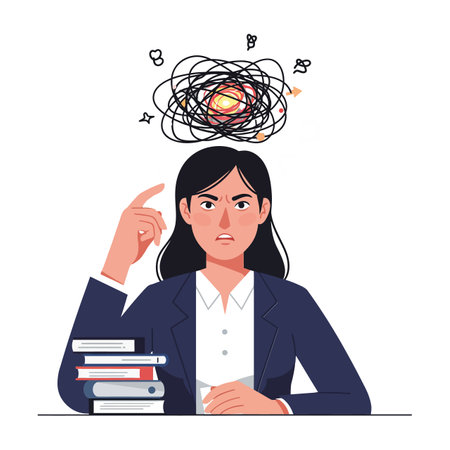 A woman in formal attire sits at a desk, pondering while chaotic thoughts swirl around her head, reflecting confusion and contemplation.のイラスト素材