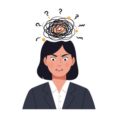 A woman in a black blazer shows frustration, with tangled lines and question marks above her head, illustrating confusion and stress.のイラスト素材