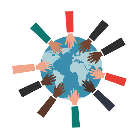 Various hands of different skin tones surround a globe, symbolizing unity and collaboration in a vibrant, engaging manner.のイラスト素材