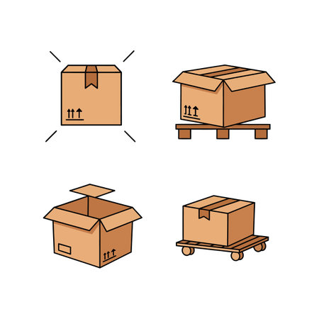 Four distinct cardboard boxes displayed in flat design, highlighting their shapes and functions in a minimalistic setting.のイラスト素材
