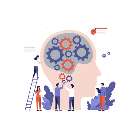 A diverse group of individuals works together to assemble colorful gears inside a large head silhouette, symbolizing teamwork and innovation.のイラスト素材