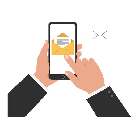 Two hands in business attire interact with a smartphone showcasing an email notification with a yellow envelope icon.のイラスト素材