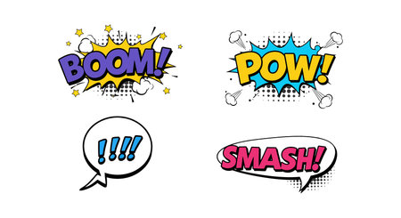 Four vibrant speech bubbles featuring bold exclamations like BOOM! and SMASH! in an energetic, playful style.のイラスト素材