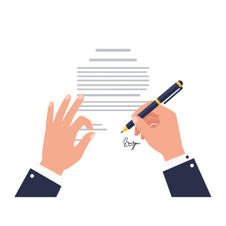 Two hands, one writing with a pen on a sheet of lined paper, embodying focus and creativity in a clean, minimal setting.のイラスト素材