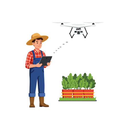 A farmer in overalls and a straw hat operates a tablet while a drone hovers above a colorful vegetable garden.のイラスト素材
