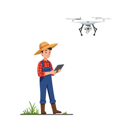 A farmer in a straw hat uses a tablet to control a drone above a lush green field, showing modern agricultural technology.のイラスト素材