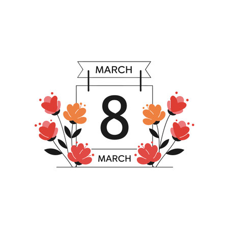 A simple and elegant design featuring the date March 8 surrounded by colorful flowers, conveying a celebratory and cheerful atmosphere.のイラスト素材