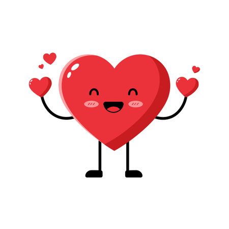 A smiling red heart character joyfully holds smaller hearts, radiating warmth and love in a simple, engaging scene.のイラスト素材