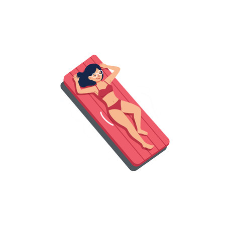 A woman in a bikini lounges on a red float, soaking up the sun with a carefree expression.のイラスト素材