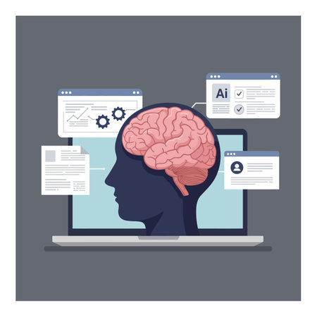 A side profile of a human head with a brain, positioned above a laptop displaying various digital elements, conveying innovation and intelligence.のイラスト素材