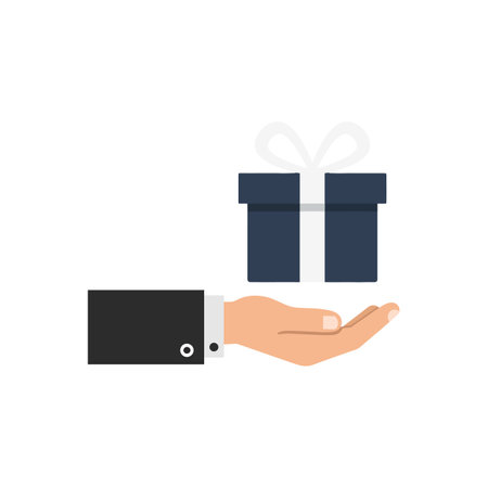 A business hand offers a neatly wrapped gift box, symbolizing generosity and celebration in a clean, modern aesthetic.のイラスト素材