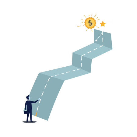 A professional man with a briefcase observes a curving path towards a sun and dollar sign, symbolizing financial growth.のイラスト素材