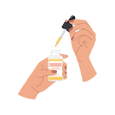 Two hands carefully extract liquid from a bottle using a dropper, conveying a sense of precision and self-care.のイラスト素材