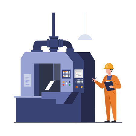 A technician in an orange jumpsuit checks machine settings while standing beside a large industrial press in a bright factory.のイラスト素材
