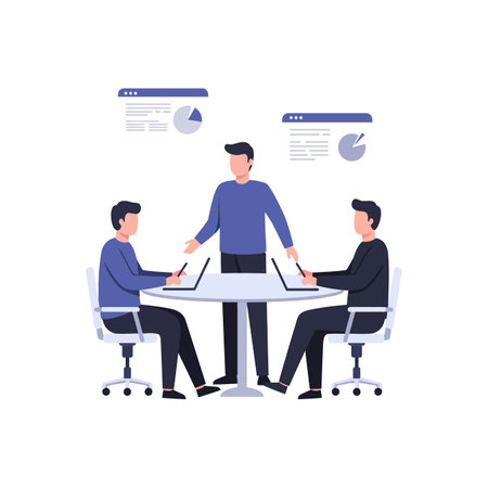 Three individuals, two with laptops, discuss ideas while one presents data, creating an atmosphere of collaboration and focus.のイラスト素材