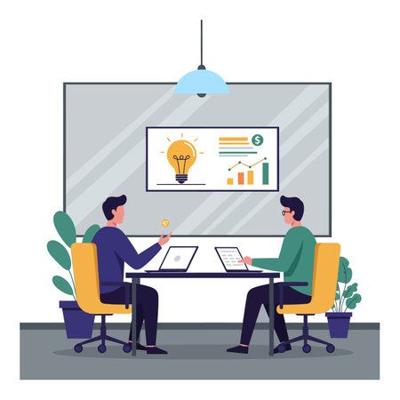 Two men discuss ideas at a table, analyzing graphs and charts displayed on a wall in a modern office setting.のイラスト素材