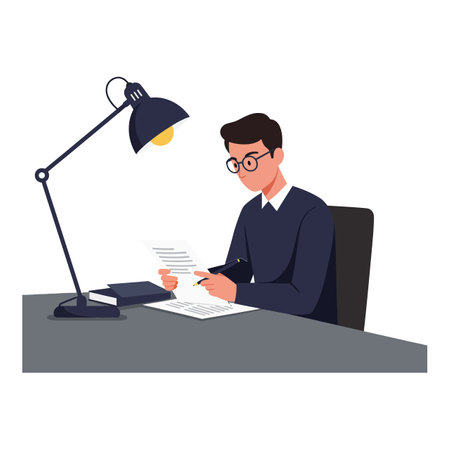 A young man reads papers intently at his desk, illuminated by a desk lamp, conveying concentration and diligence.のイラスト素材