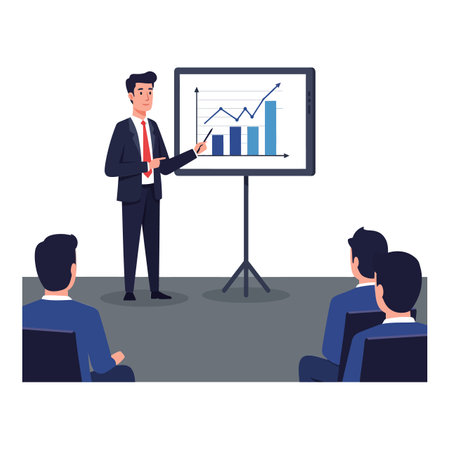 A businessman in a suit points at a bar graph on a screen while colleagues attentively observe in a modern conference room.のイラスト素材